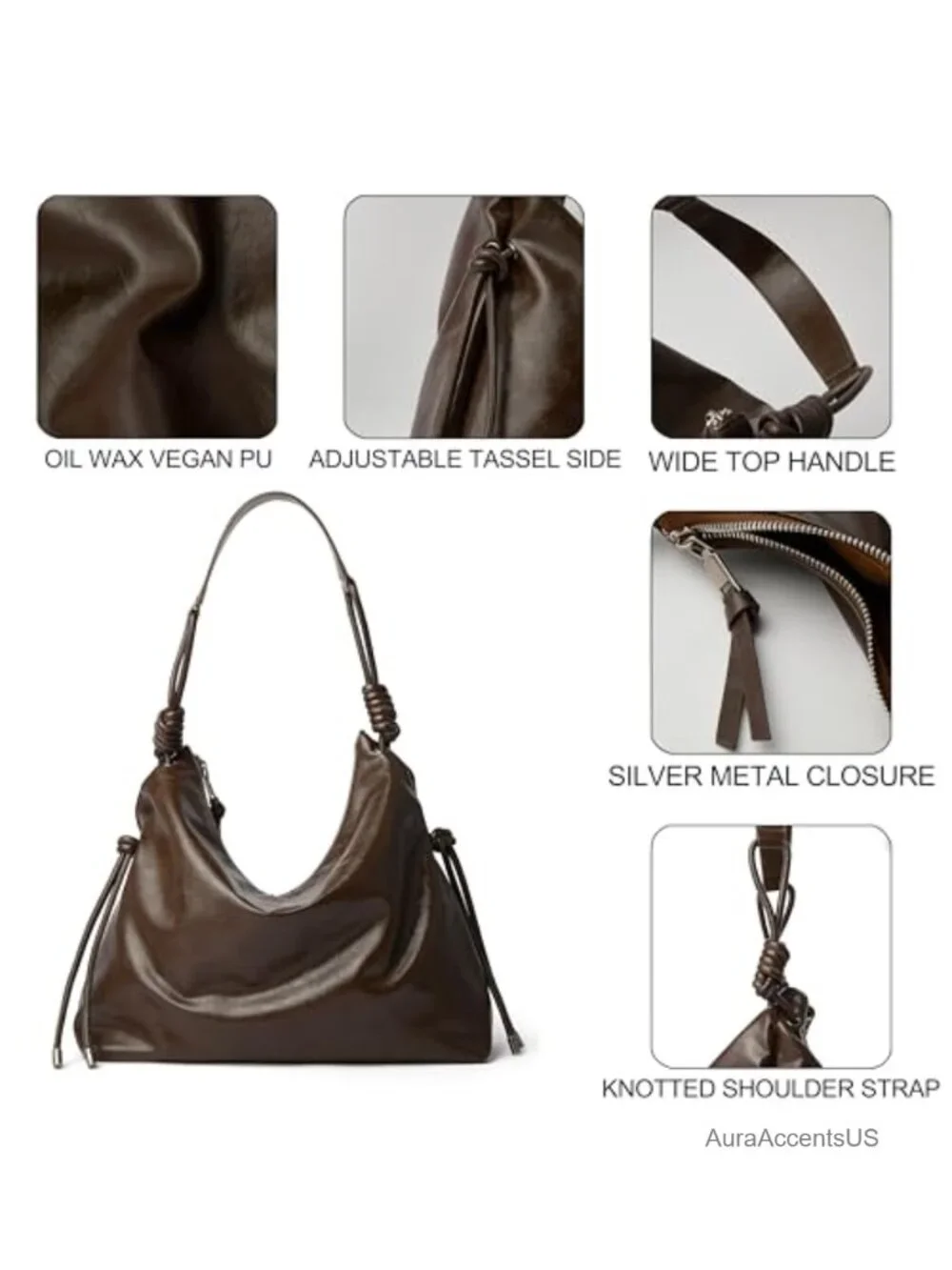Large Soft Faux Leather Hobo Bag with Knotted Adjustable Strap